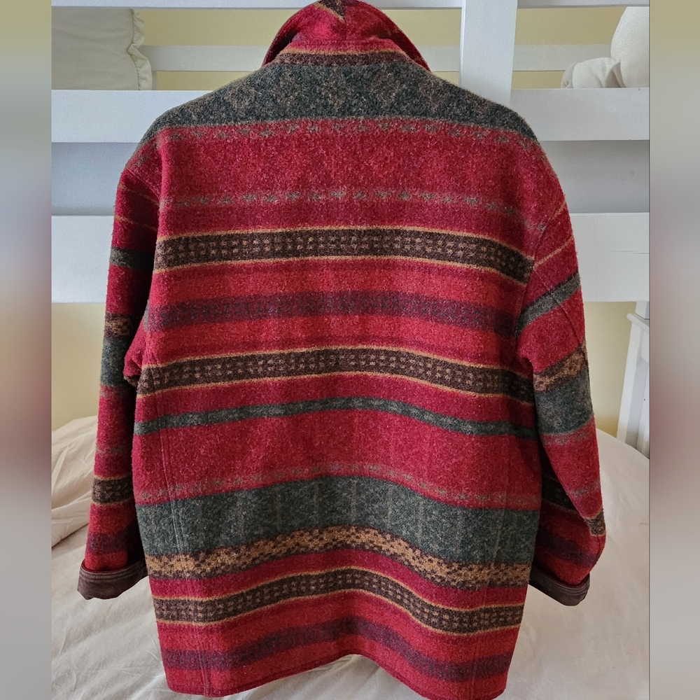 Vintage Eddie Bauer Wool Jacket Blanket Coat Leather Collar Cabin Barn Art S - Picture 8 of 10